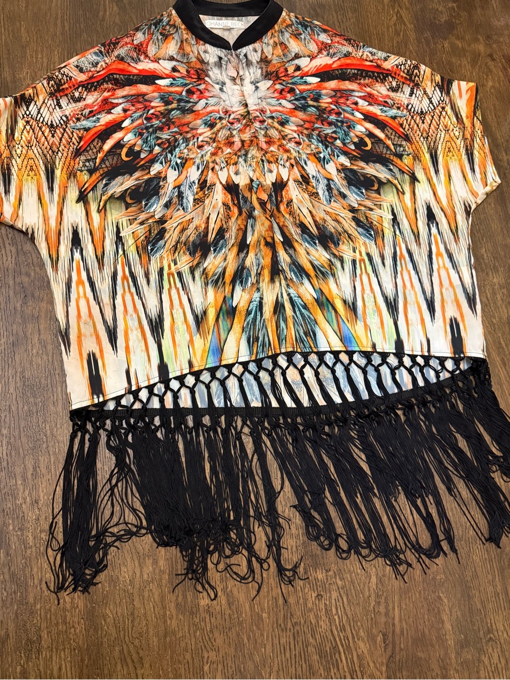 Colorful Feather-Print Fringe Top - Black Trim